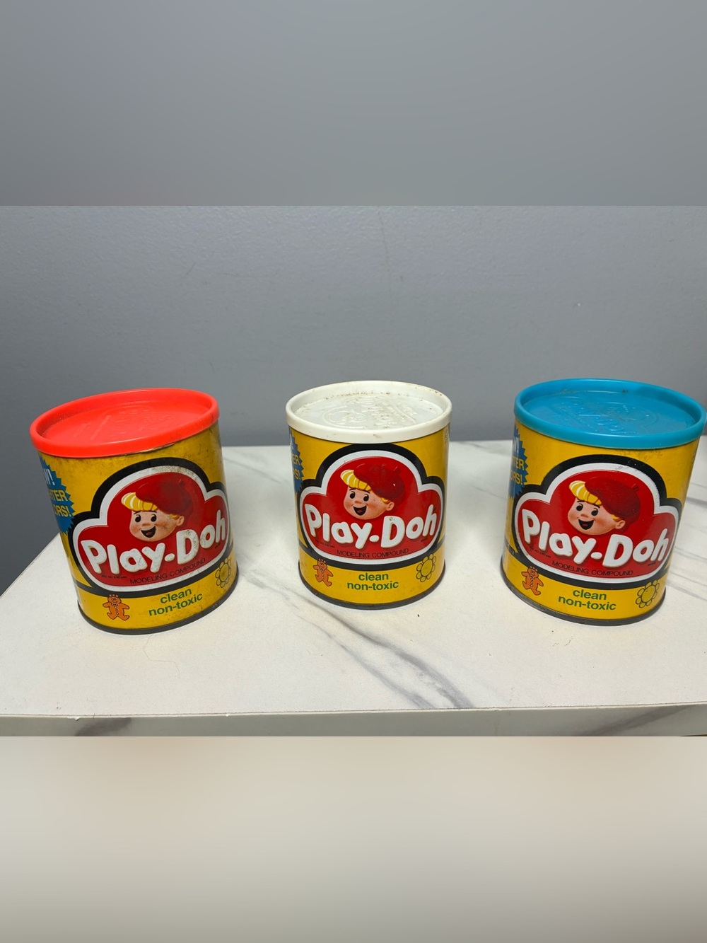 1981 Kenner Play-Doh Metal Cans Lot of 3 Full Original Contents Red White Blue